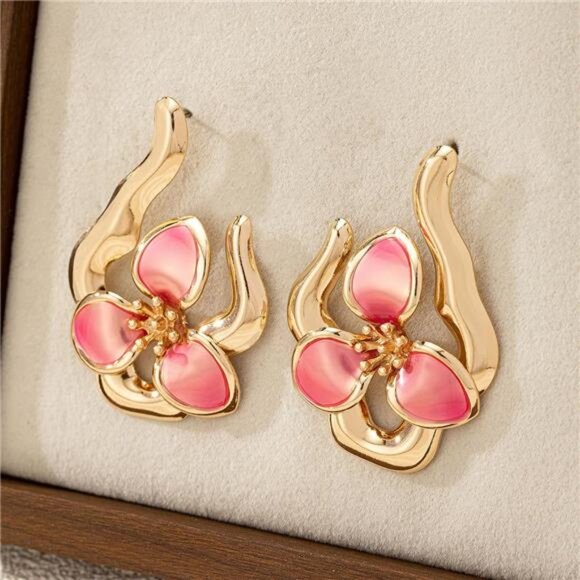 Bold Enamel Flower Earrings | Chunky Gold Floral Drop Dangles - Picture 4 of 5